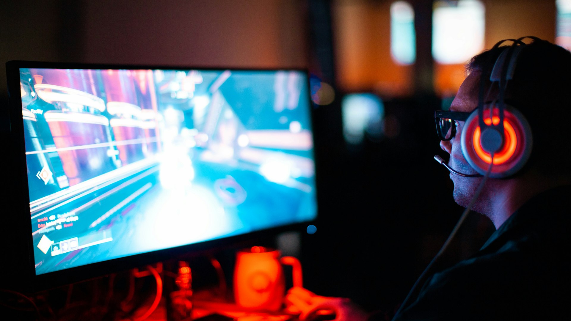 Gaming setup glowing in a Toronto studio